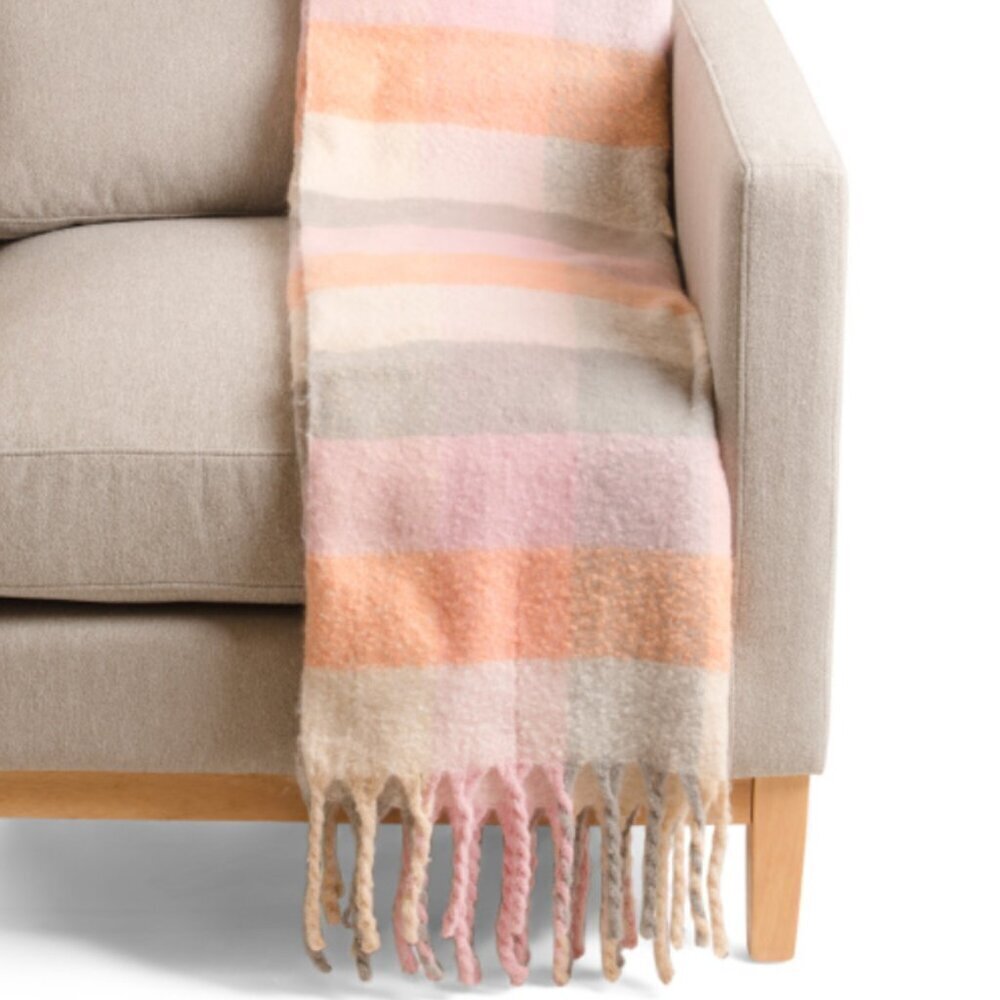 NWT Martha Stewart Decorative Throw - Pink, Gray, Cream Colorful Plaid Recycled
